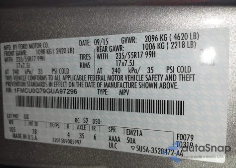 2016 Ford Escape Se from USA, damaged, VIN 1FMCU0G79GUA97296